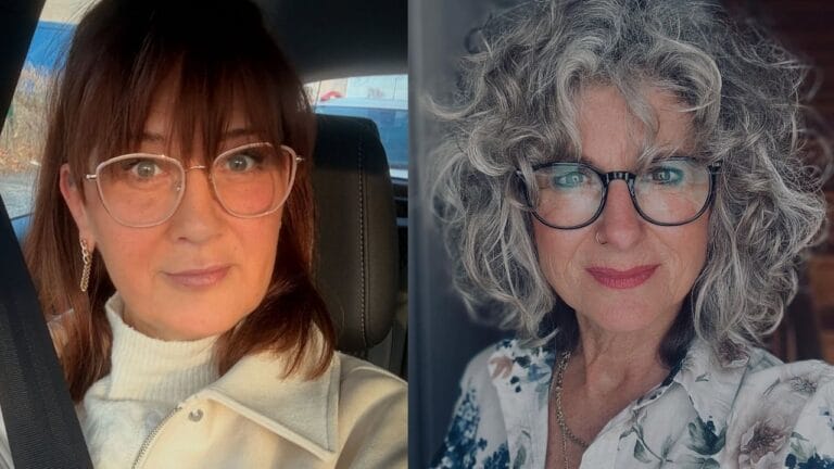 Two women display shoulder-length hairstyles for women over 50, featuring a warm brunette cut with soft bangs on the left and a voluminous gray curly style with face-framing layers on the right.