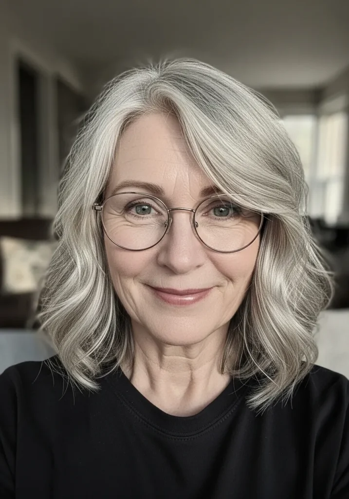 Medium length silver wavy hair with light side swept bangs styled with glasses.