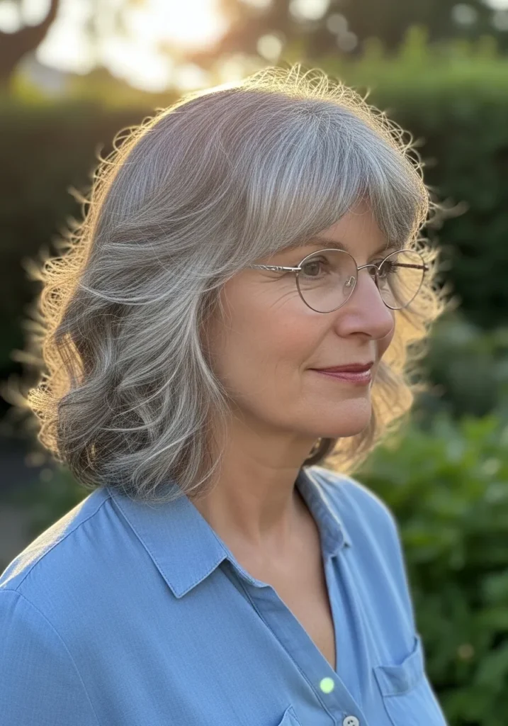 Medium length gray feathered hair with side swept bangs styled with glasses.