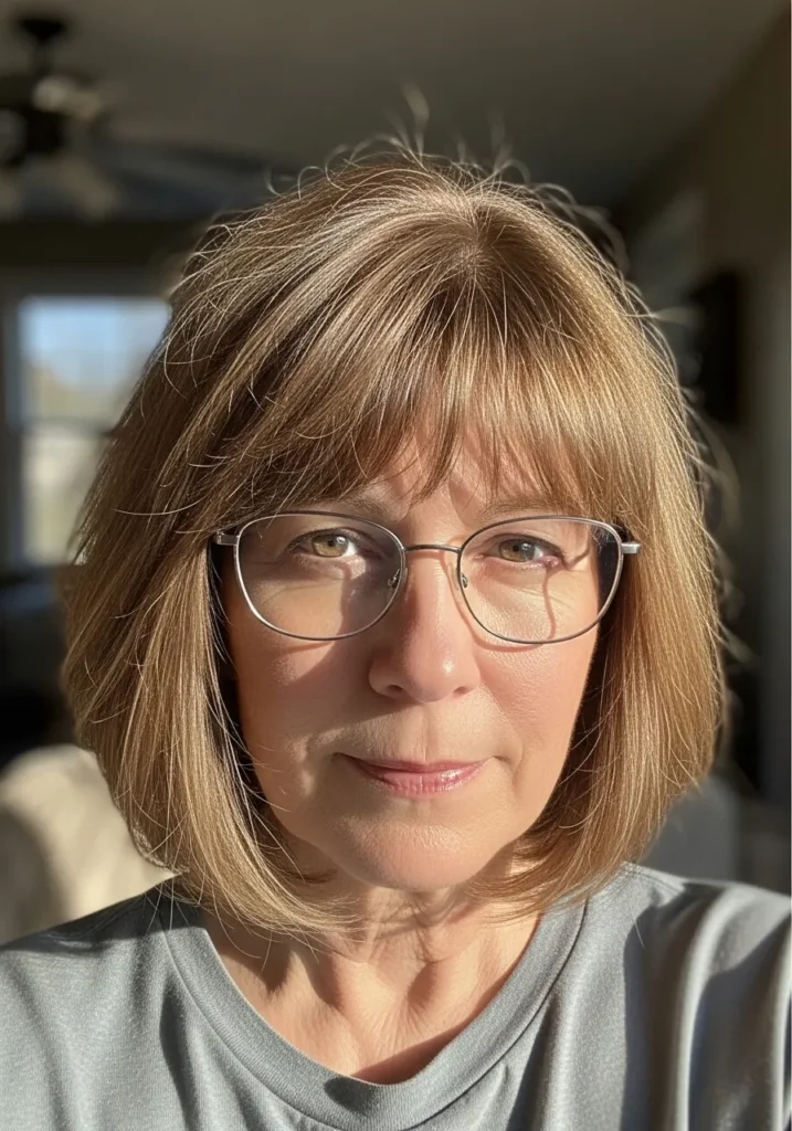 Short brown bob with full soft bangs styled neatly above glasses.