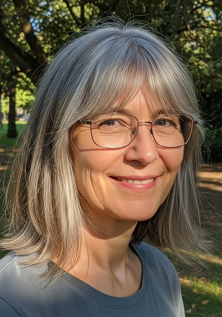 Medium length straight silver hair with wispy bangs styled above glasses.