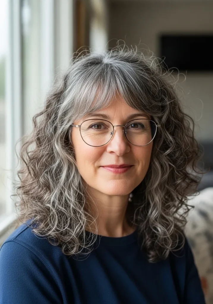 Medium length curly gray hair with soft fringe styled around glasses.