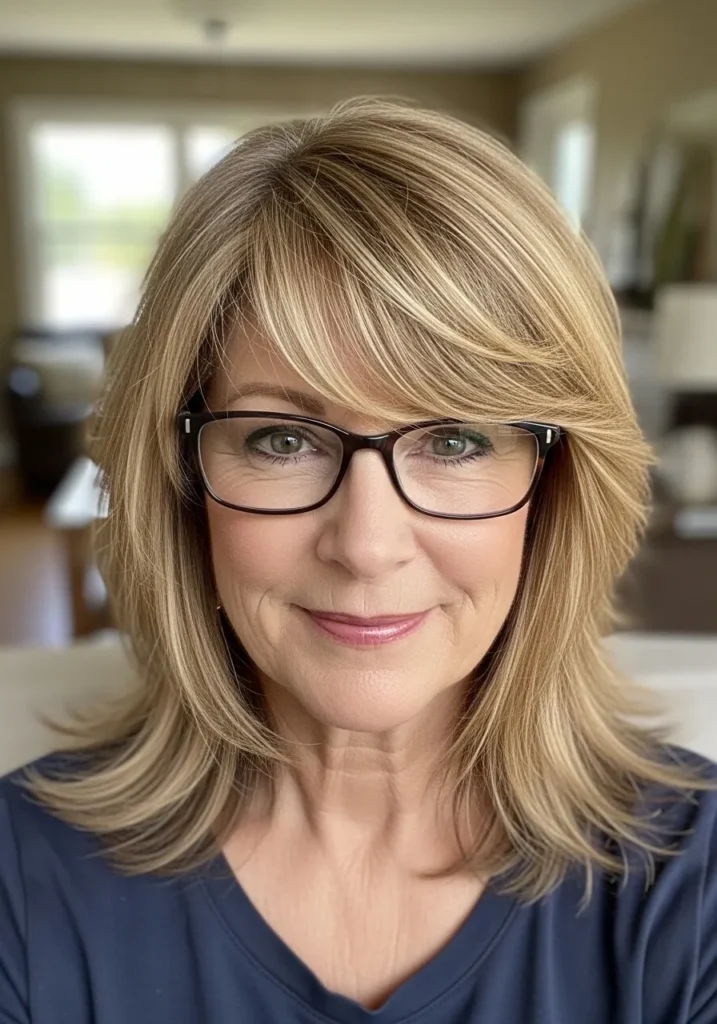 Short blonde layered bob with side swept bangs styled above glasses.
