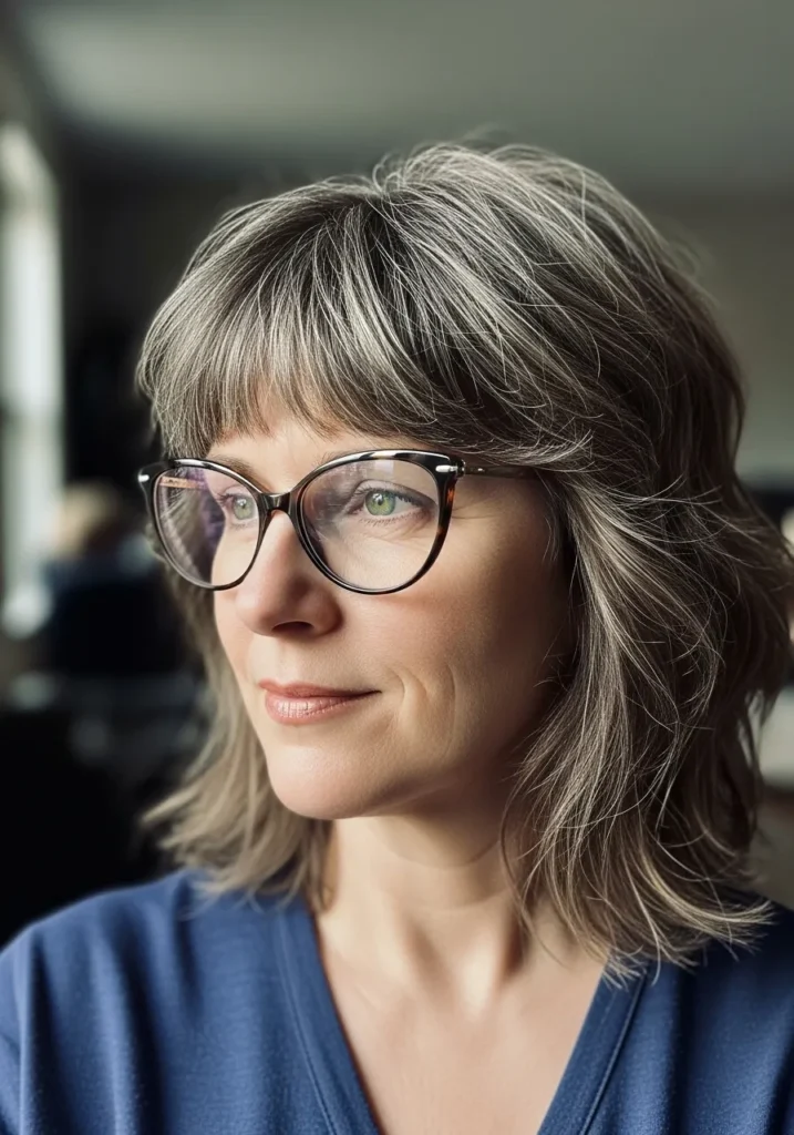 Medium length textured layered hair with wispy bangs styled with glasses.