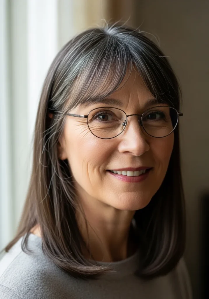 Shoulder length straight lob with curtain bangs styled neatly with glasses.