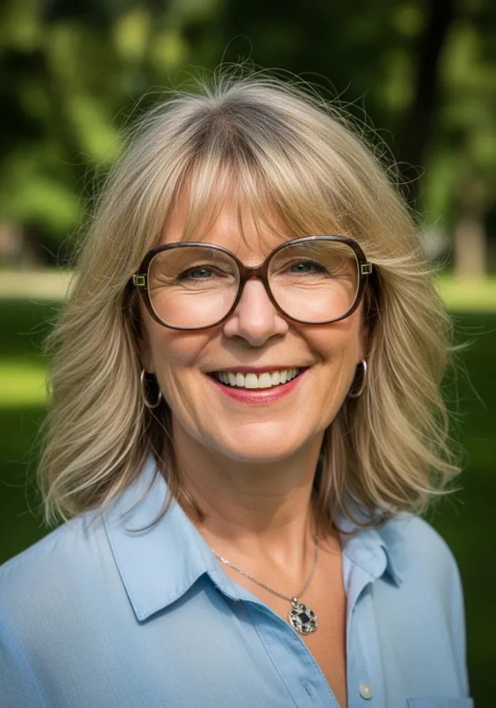 Medium length blonde layered hair with curtain bangs styled naturally with glasses.
