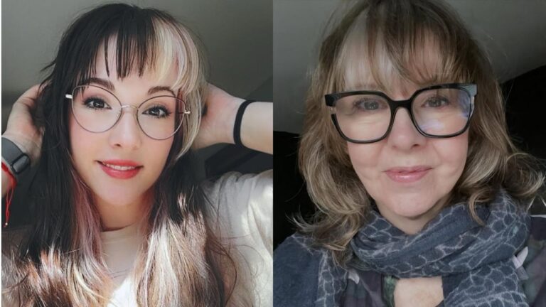 Two women wearing glasses with soft layered hairstyles, one with bold two tone bangs and long layers, and the other with a wavy bob and light wispy fringe.