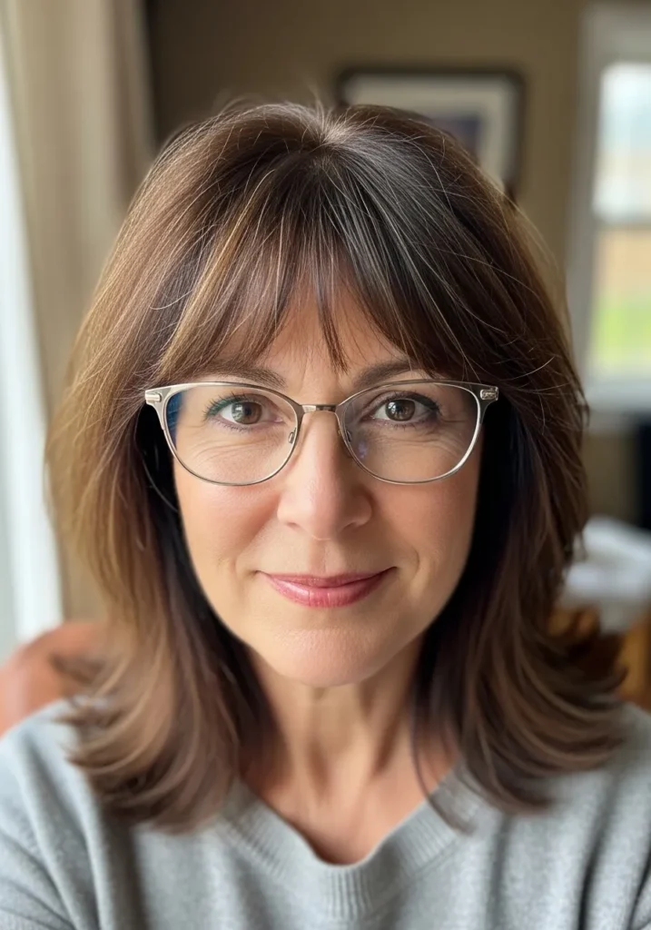 Medium length brunette layered hair with light curved bangs styled above glasses.