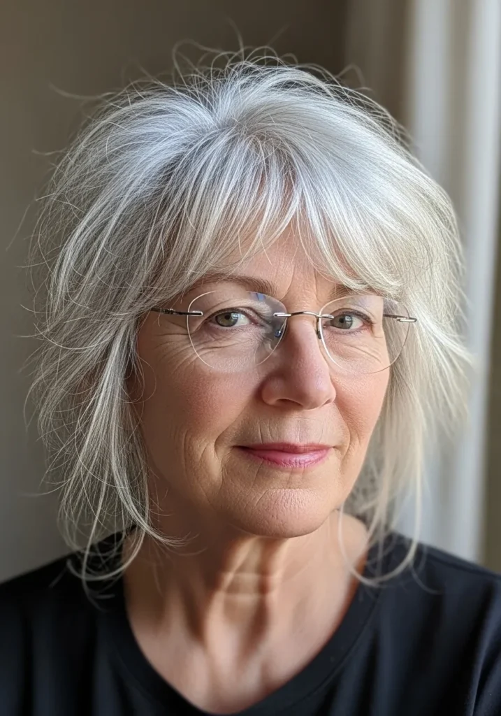 Medium length silver layered hair with wispy bangs styled above glasses.