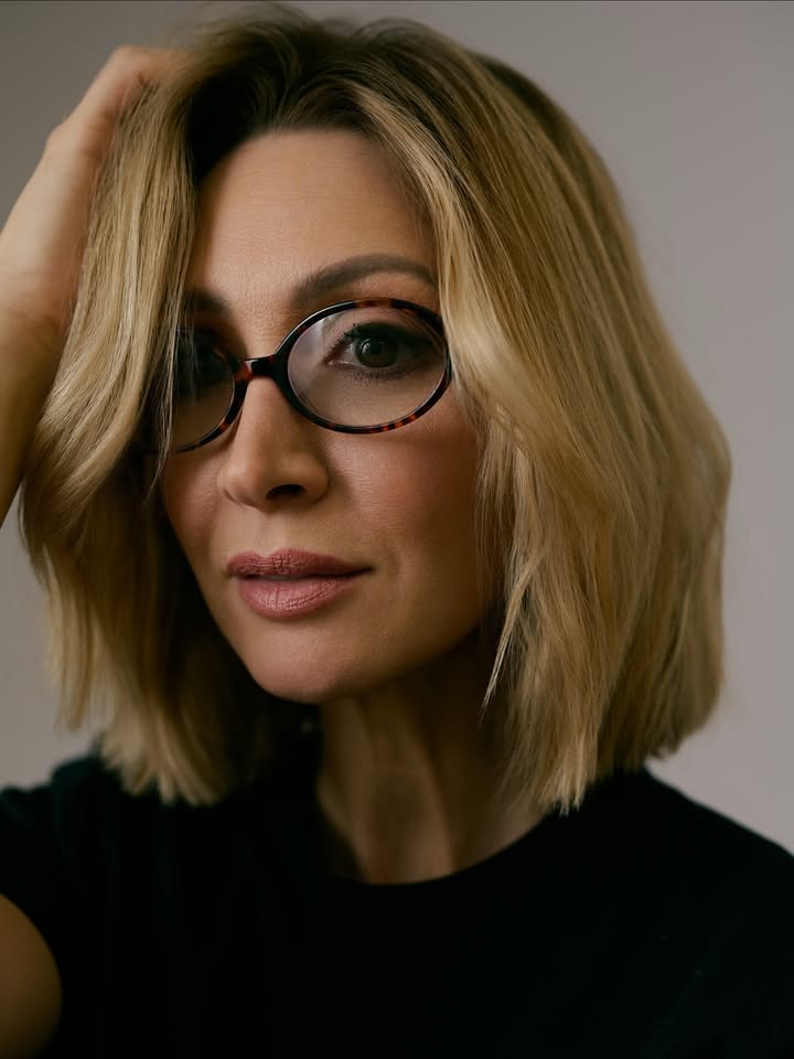 Short blonde bob with side swept bangs styled above glasses.