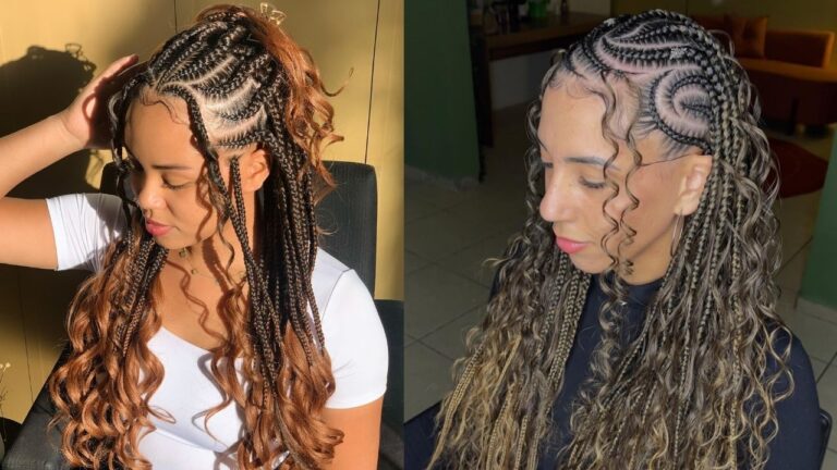 Two women wearing Fulani braids with intricate cornrow patterns at the crown and long, loose curly extensions flowing down, one in warm auburn tones and the other in a silver-highlighted style.