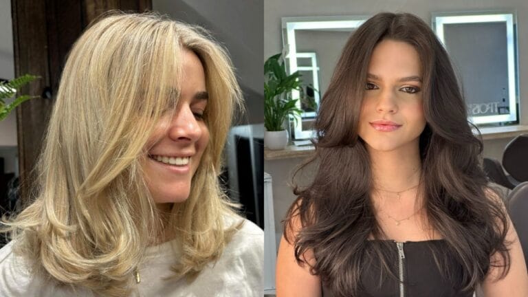 A woman showcases a voluminous blowout with face-framing layers and soft curls at the ends.