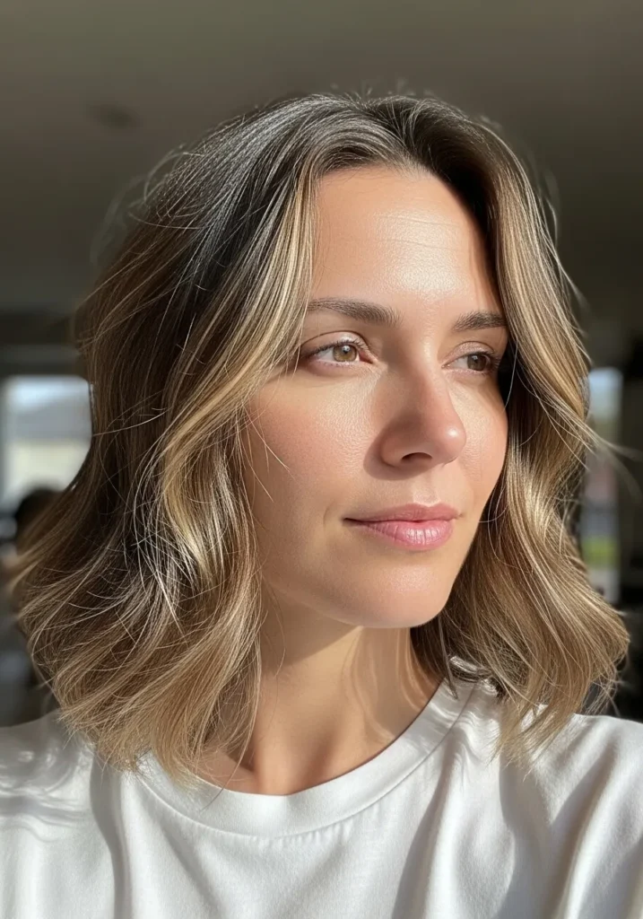 Shoulder-length beige blonde hair with soft waves and subtle layering.