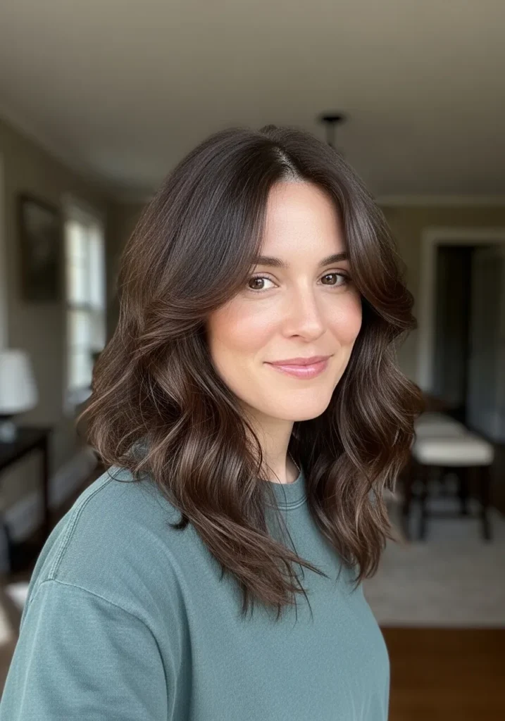Medium-length brunette hair with soft layers and natural waves.
