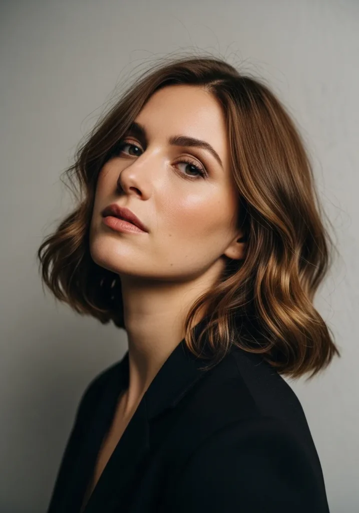 Short brown wavy bob with glossy finish and soft defined waves.