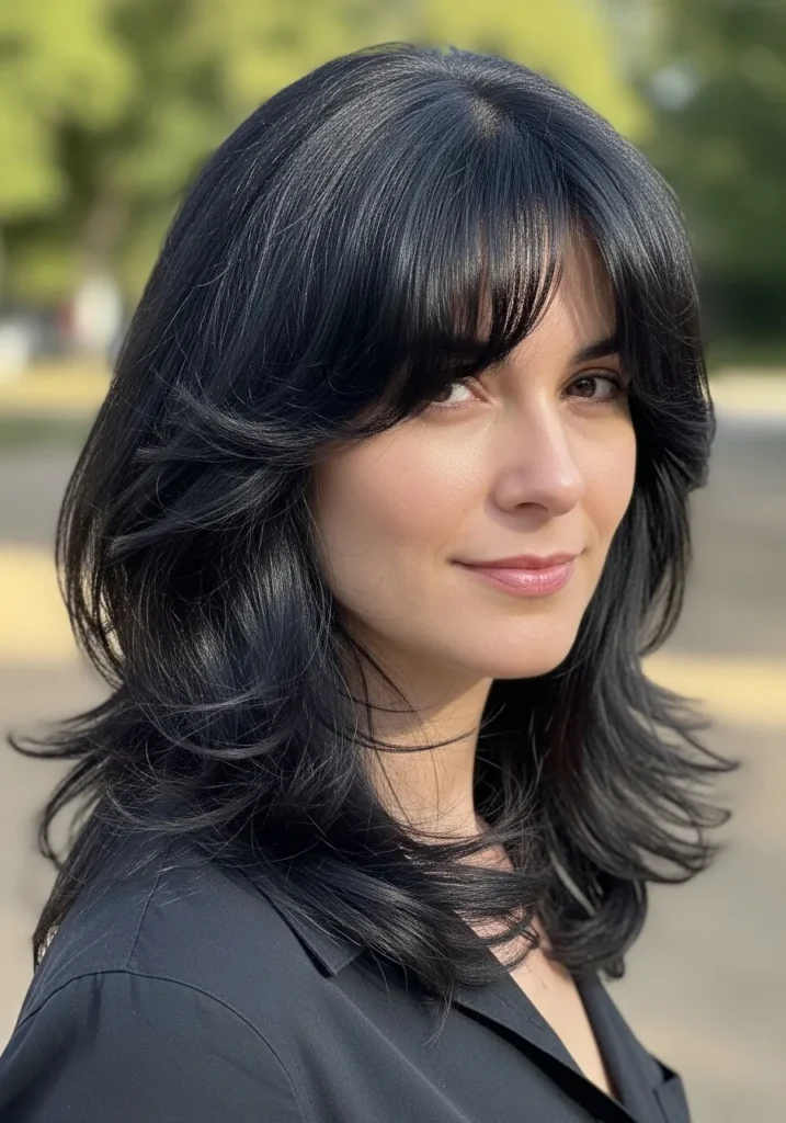Medium-length black layered hair with soft wavy volume and blended fringe.
