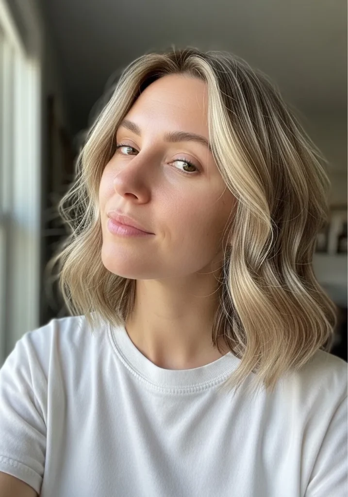 Shoulder-length blonde wavy lob with soft highlights and natural movement.