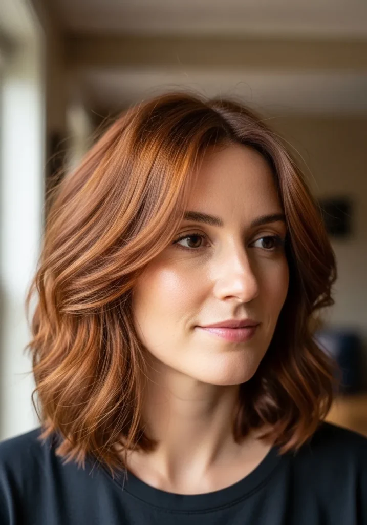 Short copper wavy bob with soft layers and natural texture.