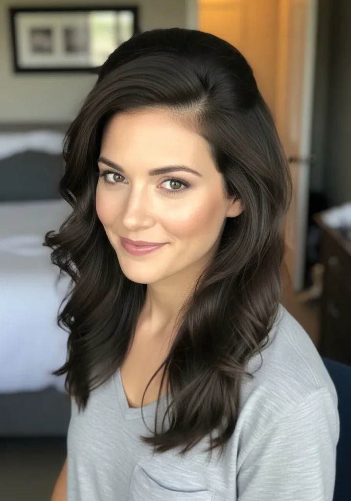 Long brunette hair with soft waves and a side part.