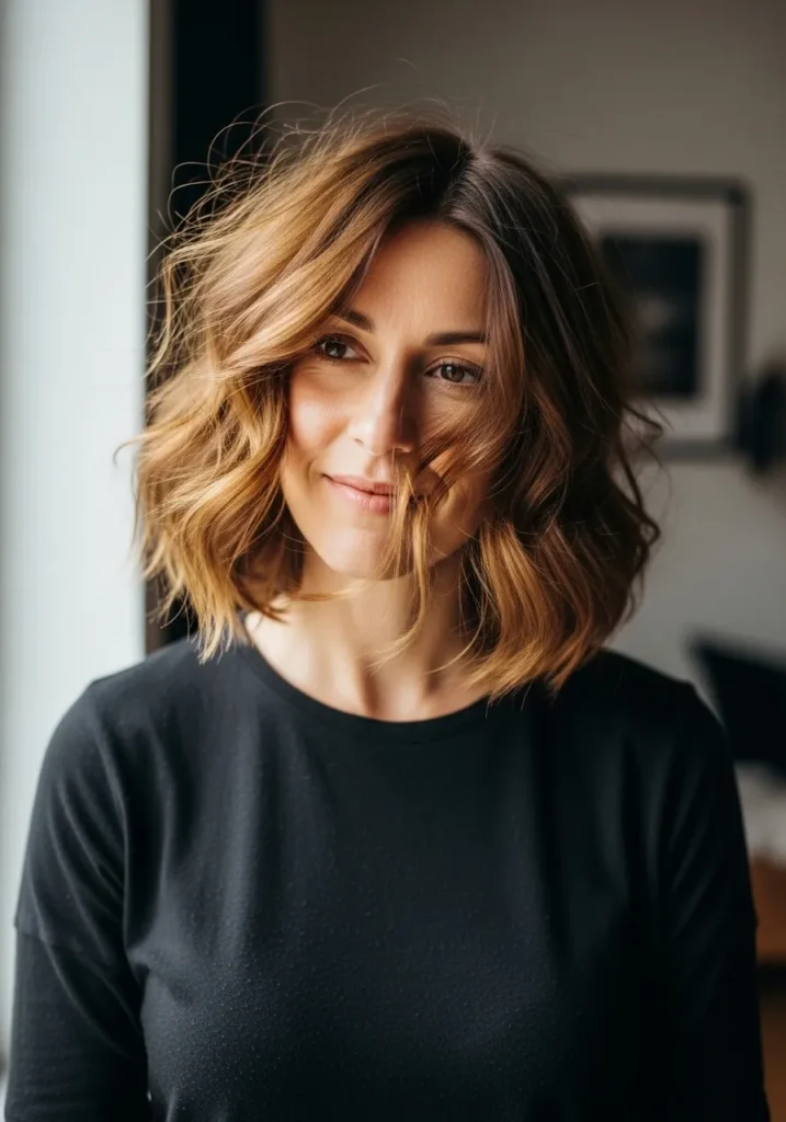 Short wavy brunette bob with soft caramel highlights and tousled texture.