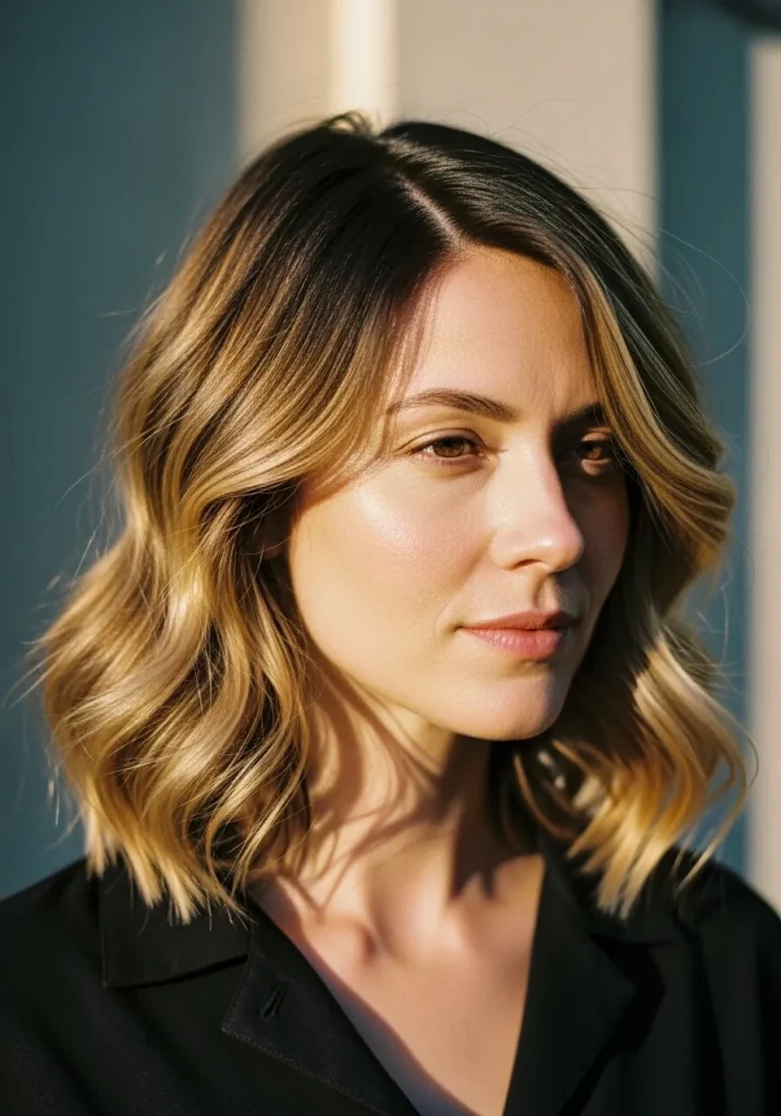 Shoulder-length golden blonde hair with smooth defined waves.