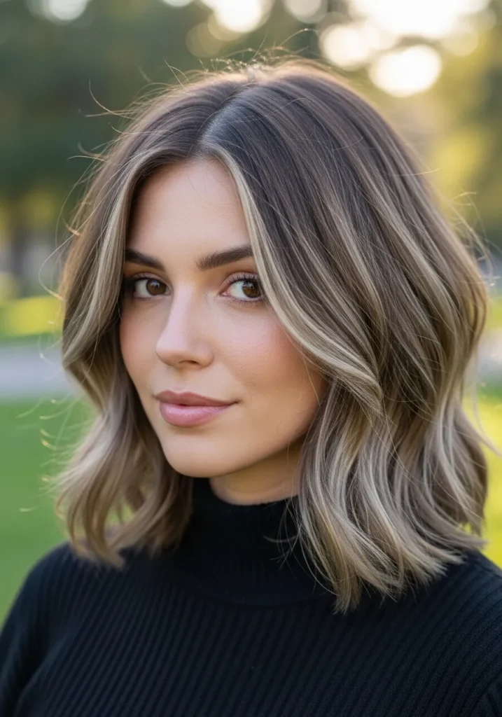 Ash blonde wavy lob with soft face-framing layers.