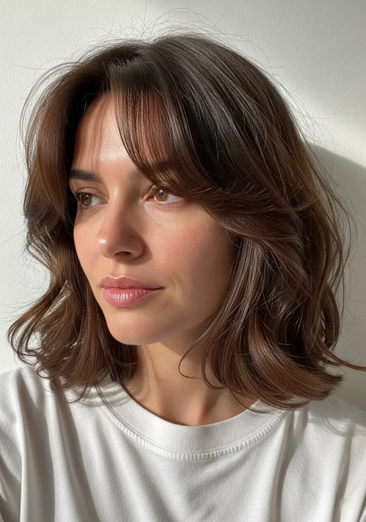 A woman with a layered wavy lob and wispy bangs in a warm brunette shade.