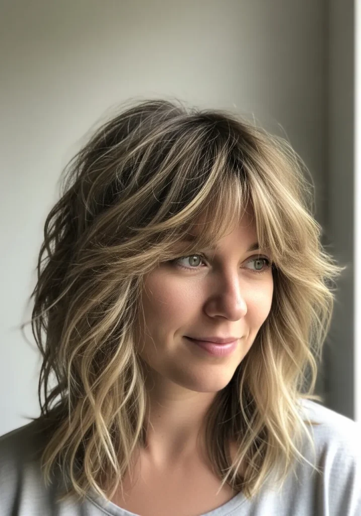 A woman with a shaggy layered blonde hairstyle with soft waves and airy texture.