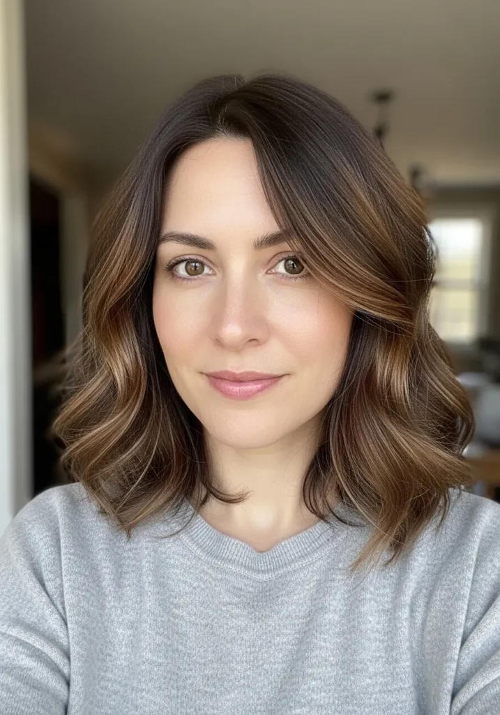A woman with a layered brunette lob styled in soft waves with natural movement.
