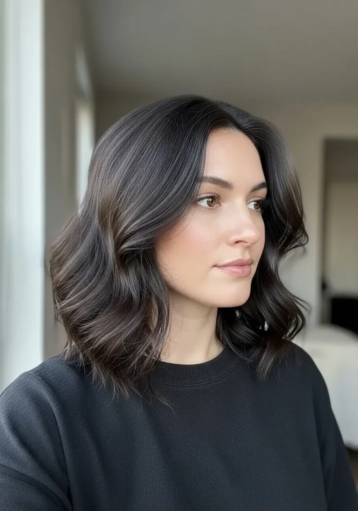 A woman with a layered wavy shoulder length hairstyle with a side part and soft defined waves.