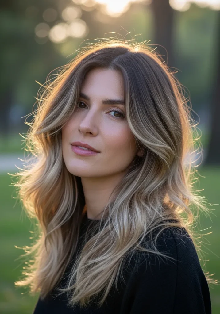 A woman with long layered blonde hair styled in soft beachy waves.