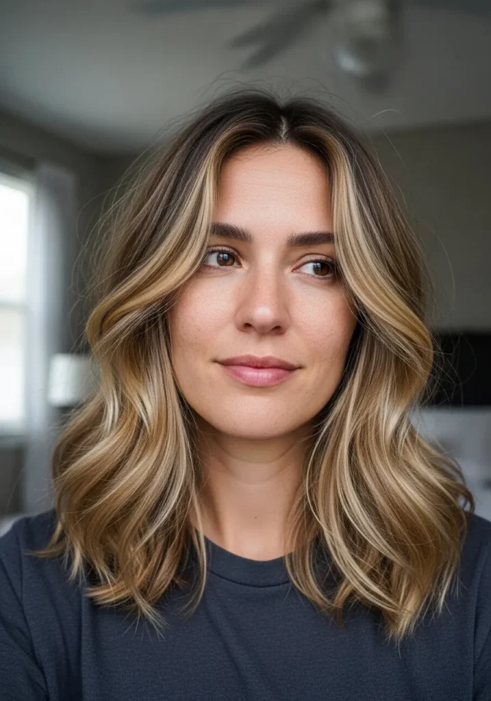 A woman with a layered wavy shoulder length hairstyle with face framing highlights.