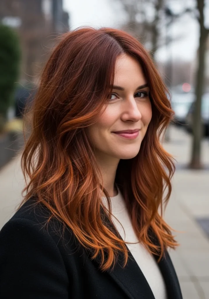 A woman with long layered copper hair styled in soft wavy texture.