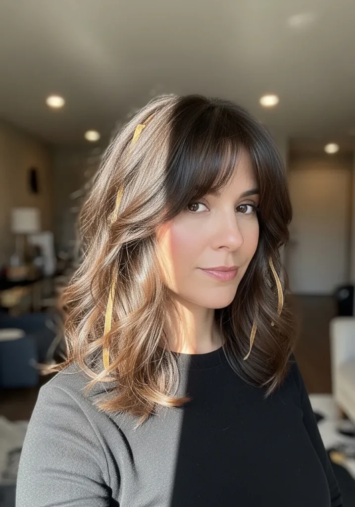 A woman with a layered wavy lob with fringe and soft volume in a highlighted brunette shade.