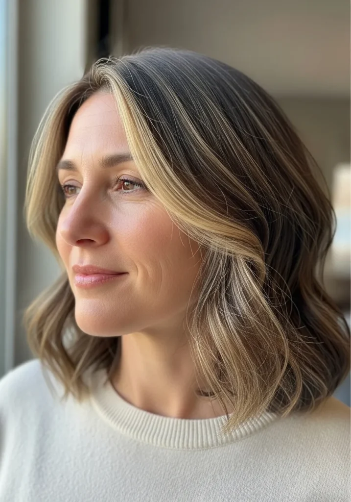 A woman with a layered wavy shoulder length hairstyle with blonde face framing highlights.