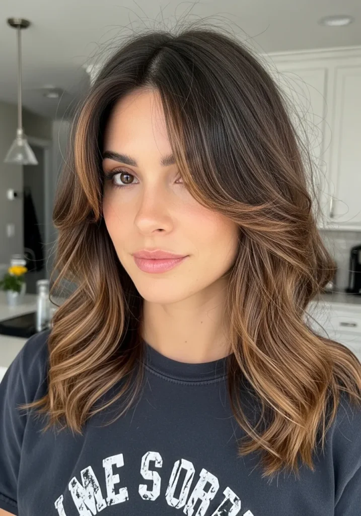 A woman with long layered brown hair with soft balayage and loose waves.