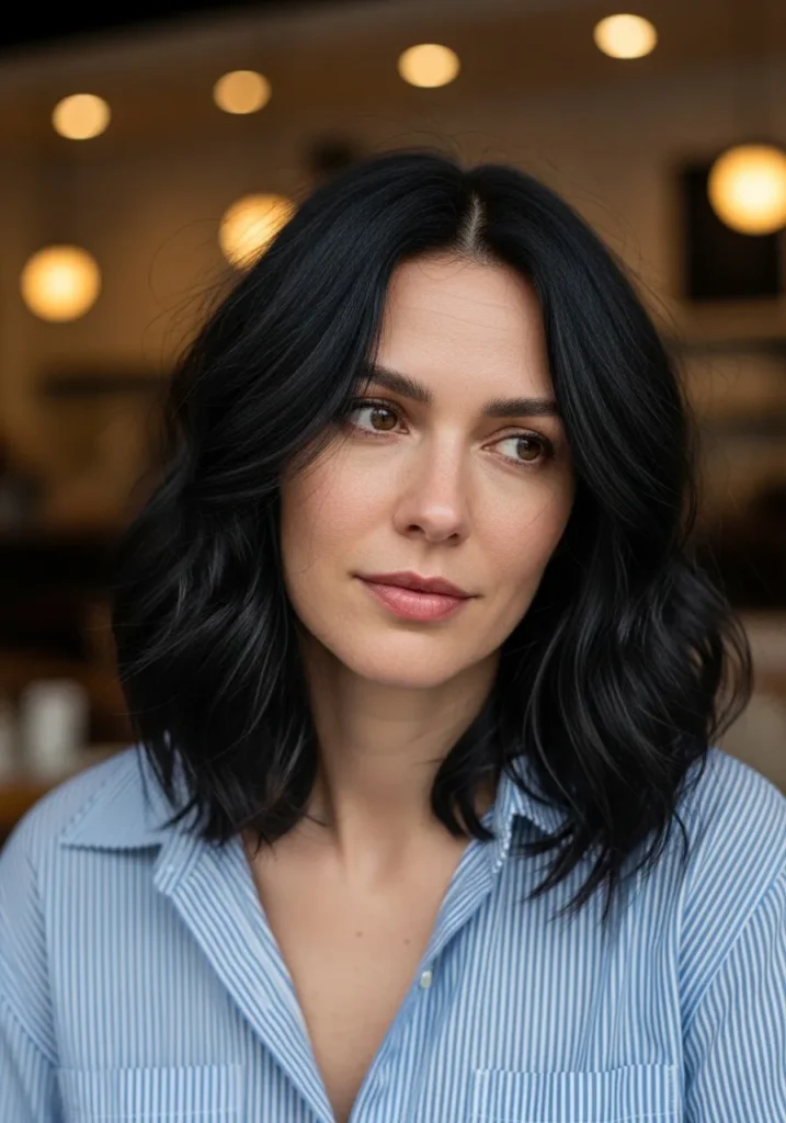 A woman with a layered wavy shoulder length hairstyle in deep black with soft volume.