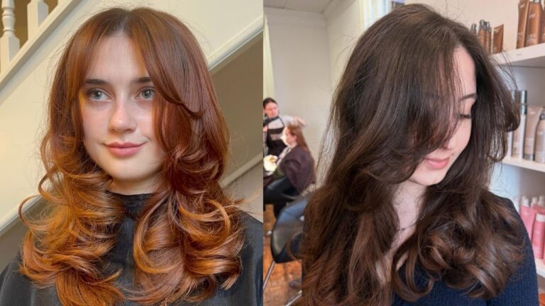 A side-by-side salon photo showing two women with long, voluminous layered hair — one styled in warm copper-red with defined curls and curtain bangs, the other in deep brunette with soft waves and side-swept bangs.