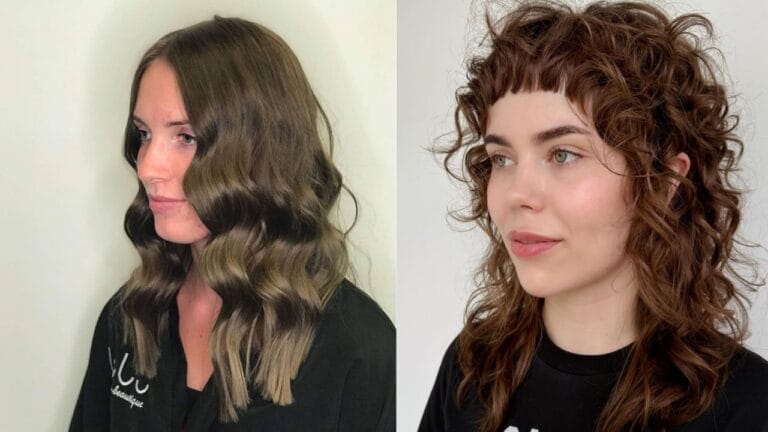 Medium-length wavy hairstyles shown with soft polished waves on one side and a textured curly shag with short bangs on the other.