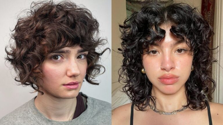 A side-by-side comparison displays two modern short curly shags, featuring a dark brunette jaw-length cut with tight ringlets and a heavy fringe on the left and a shoulder-length black curly shag with high-shine definition and curtain bangs on the right.