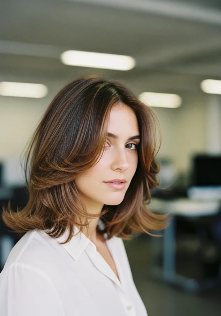 Shoulder length layered hair styled in a soft voluminous blowout with curved ends.