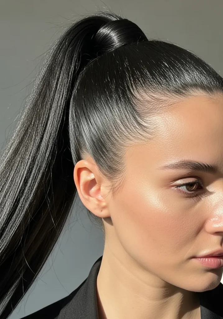 High sleek ponytail with a smooth glossy finish and long straight black hair.