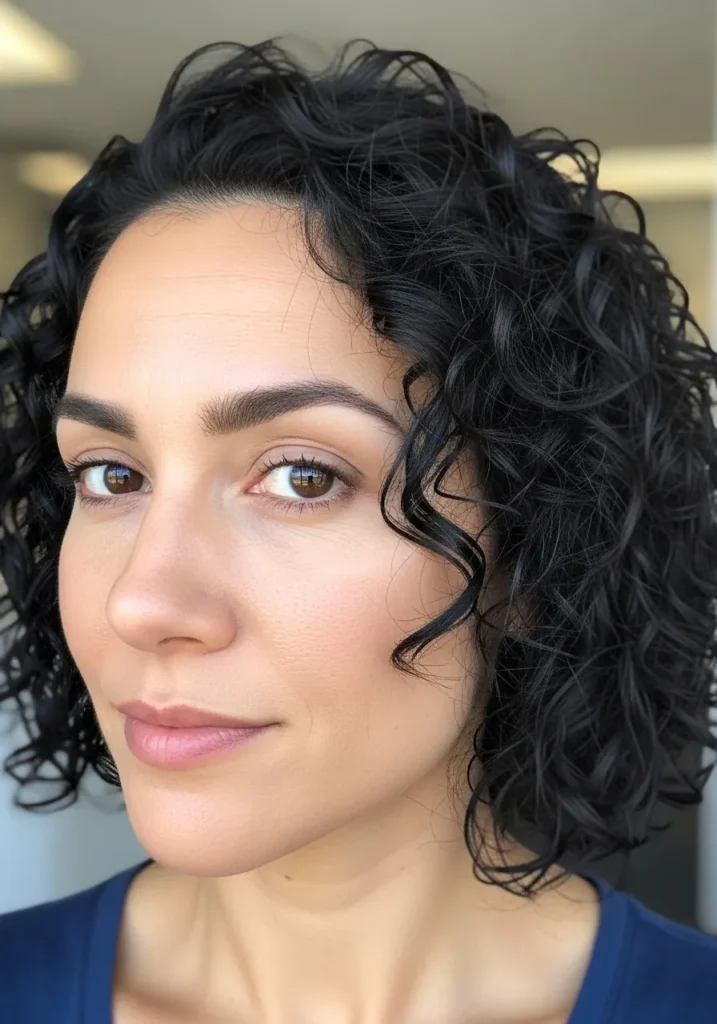 A woman with a short curly bob styled with a side part and defined ringlets.