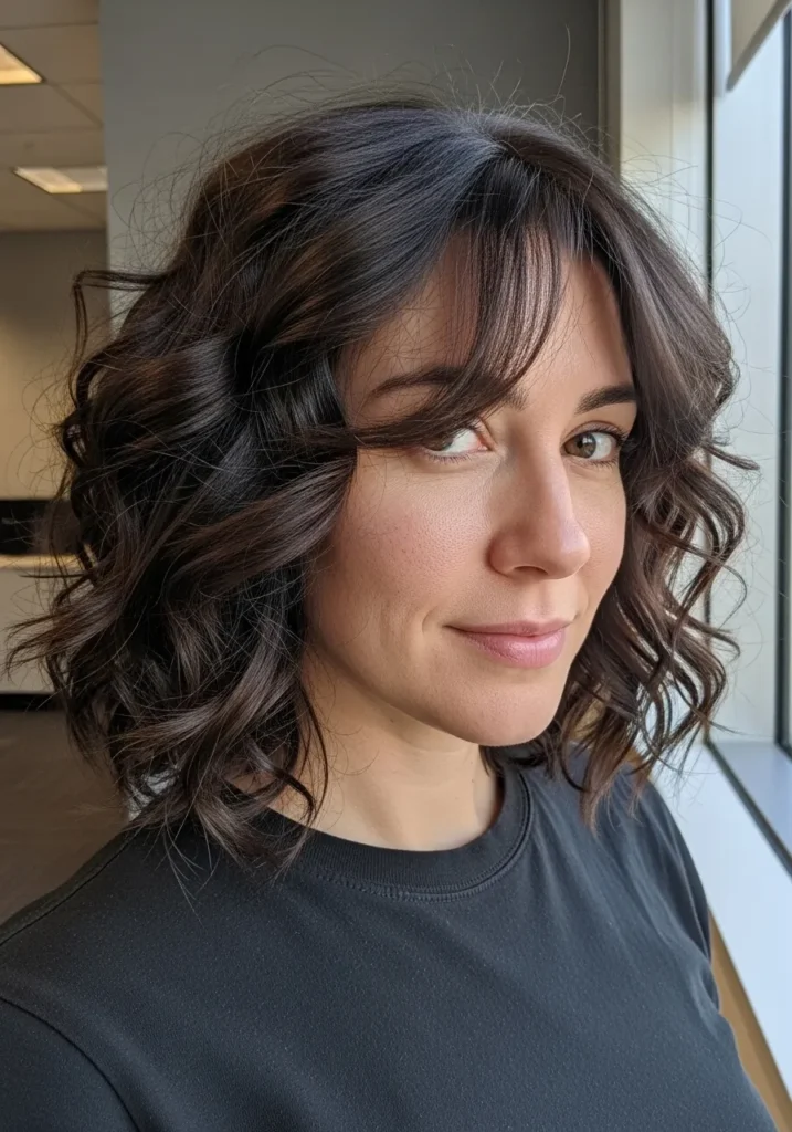A woman with a curly bob and wispy fringe featuring soft defined curls.