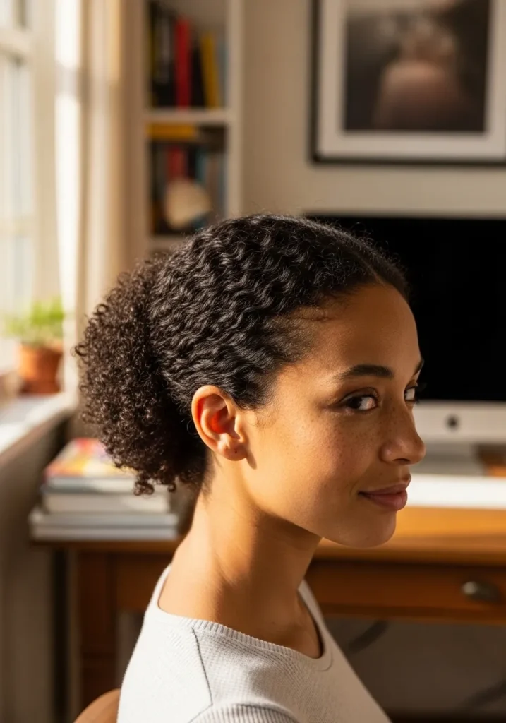 A woman with curly hair styled into a sleek low bun with braided detail.