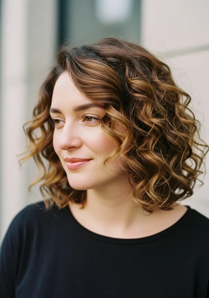 A woman with a curly lob featuring loose curls and soft highlights.