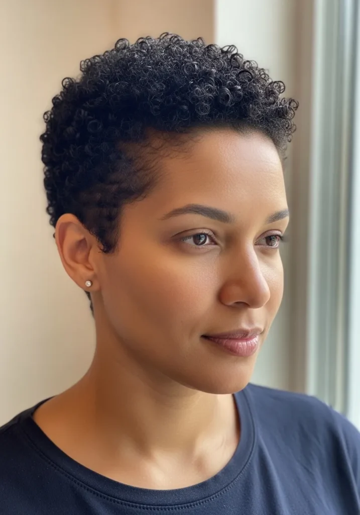 A woman with a short natural curly crop featuring tight coils and a clean tapered shape.