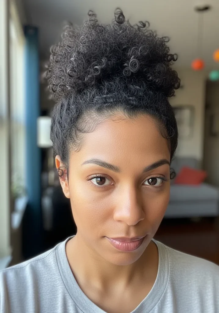 A woman with natural curly hair styled in a high puff with defined coils and smooth edges.