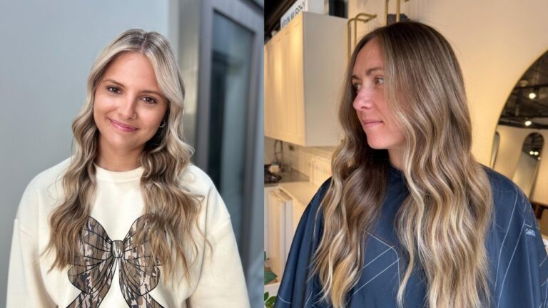Long, beachy waves with blonde balayage highlights, shown from two angles — front-facing and side profile — on long hair with a soft, flowing texture.