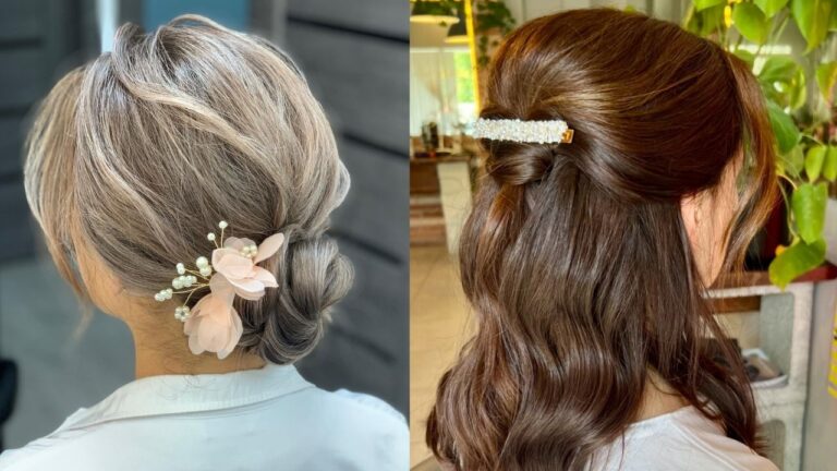 A side-by-side comparison displays two elegant hair designs, featuring a low grey-blonde chignon adorned with a floral pearl pin on the left and a half-up brunette hairstyle secured with a pearl barrette on the right.
